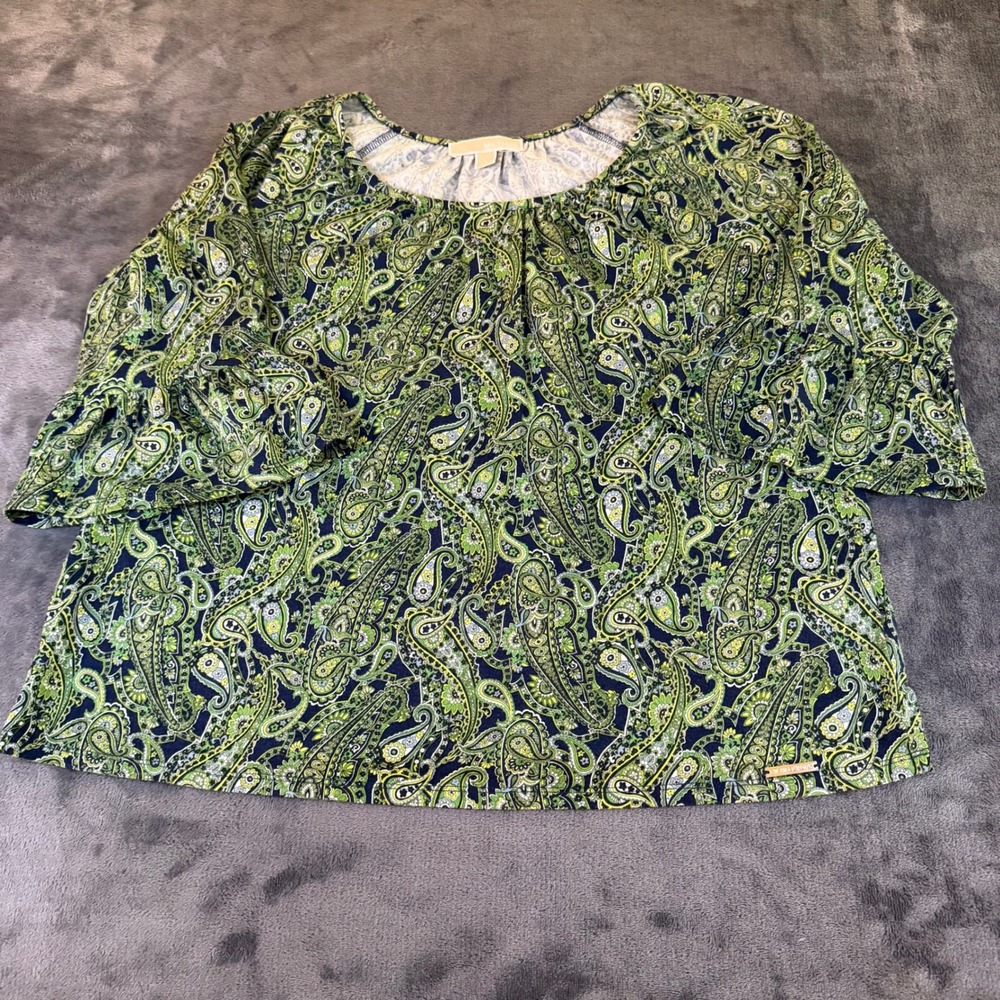 Michael Kors Paisley‎ Print 3/4 Bell Sleeve Top Blouse Green Blue Womens Large